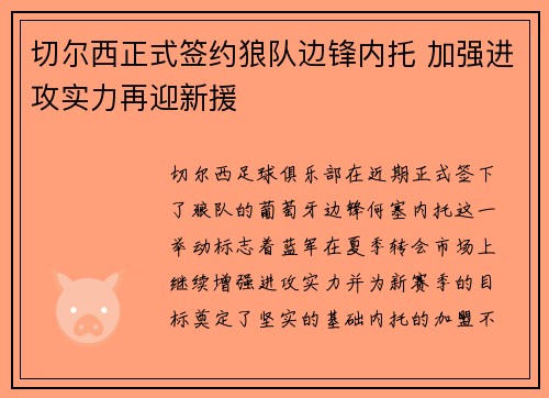 切尔西正式签约狼队边锋内托 加强进攻实力再迎新援 切尔西正式签约狼队边锋内托 加强进攻实力再迎新援