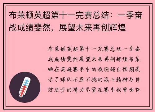 布莱顿英超第十一完赛总结：一季奋战成绩斐然，展望未来再创辉煌